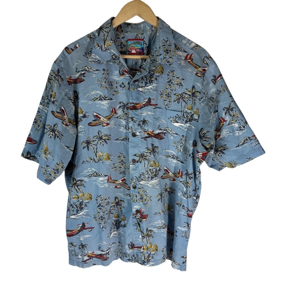 Joe Keyaloha‎ X Reyn Spooner Men's Blue Cotton Palm Tree/plane Print Shirt Sz XL